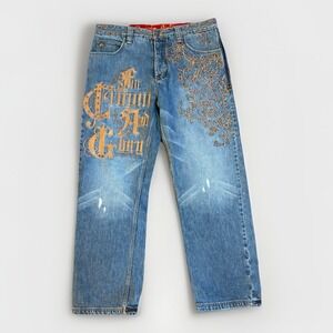 Vintage/Y2K! Crown Holder Embroidered & Embellished Jeans Hip Hop Baggy 38'x30'